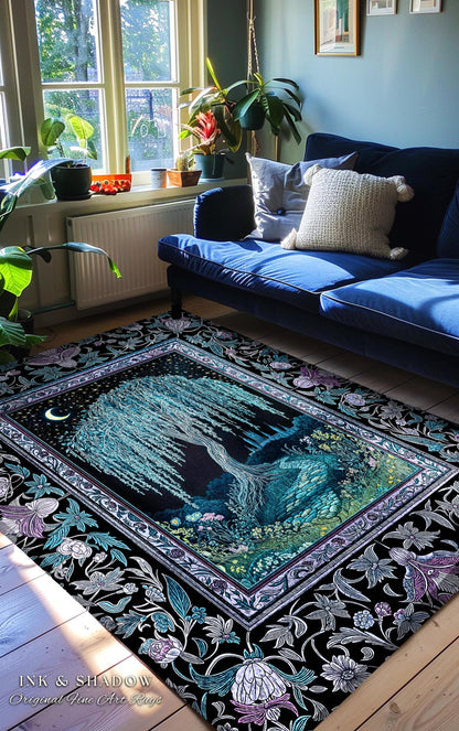 Dreamy Willow Tree Moody Area Rug | Enchanted Aesthetic Celestial Folklore Storybook Decor Witchy Home Accent Dark Academia Medieval Decor |