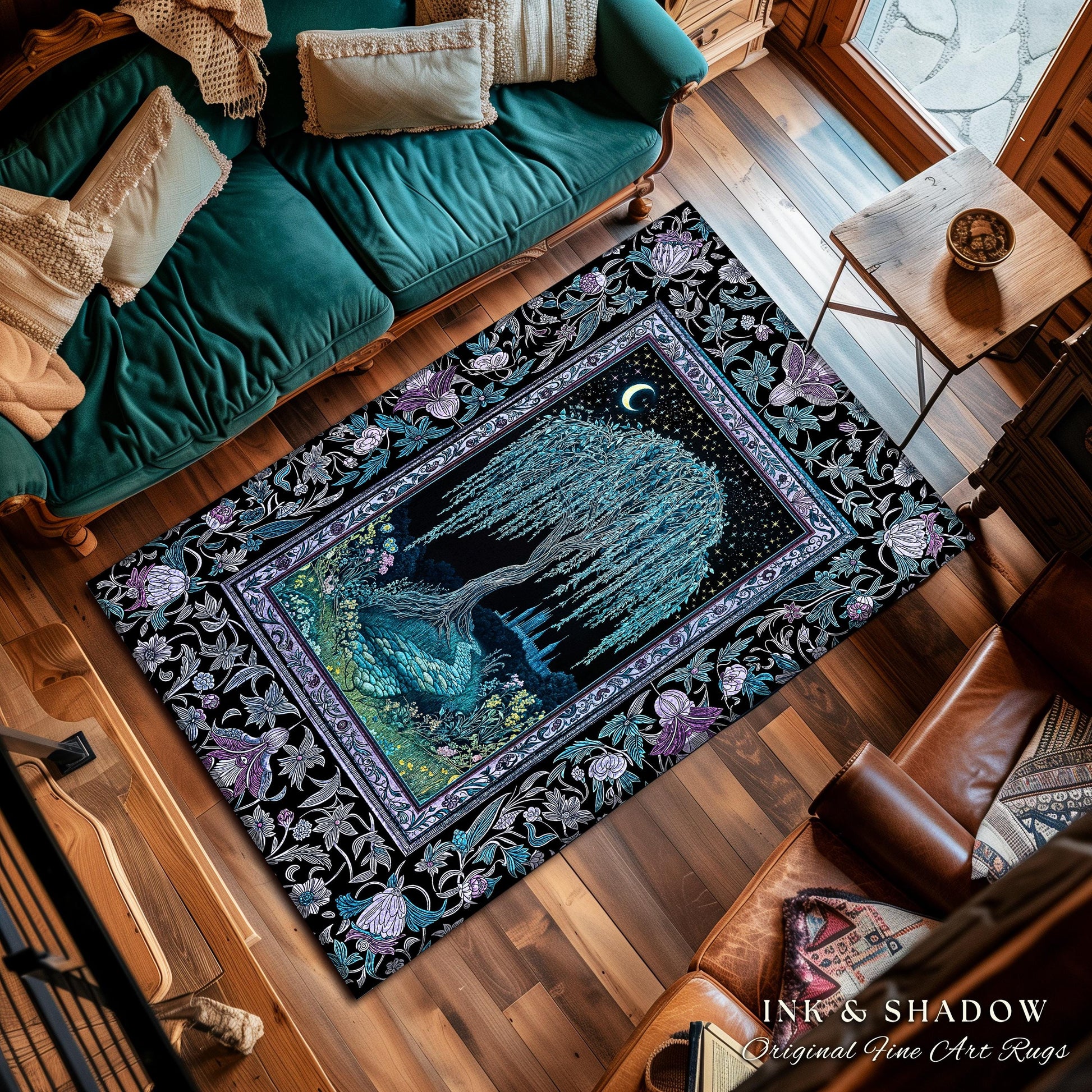 Dreamy Willow Tree Moody Area Rug | Enchanted Aesthetic Celestial Folklore Storybook Decor Witchy Home Accent Dark Academia Medieval Decor |