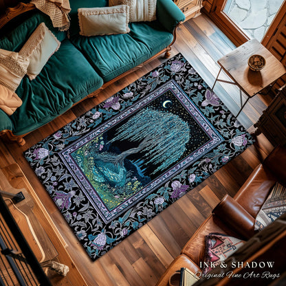 Dreamy Willow Tree Moody Area Rug | Enchanted Aesthetic Celestial Folklore Storybook Decor Witchy Home Accent Dark Academia Medieval Decor |