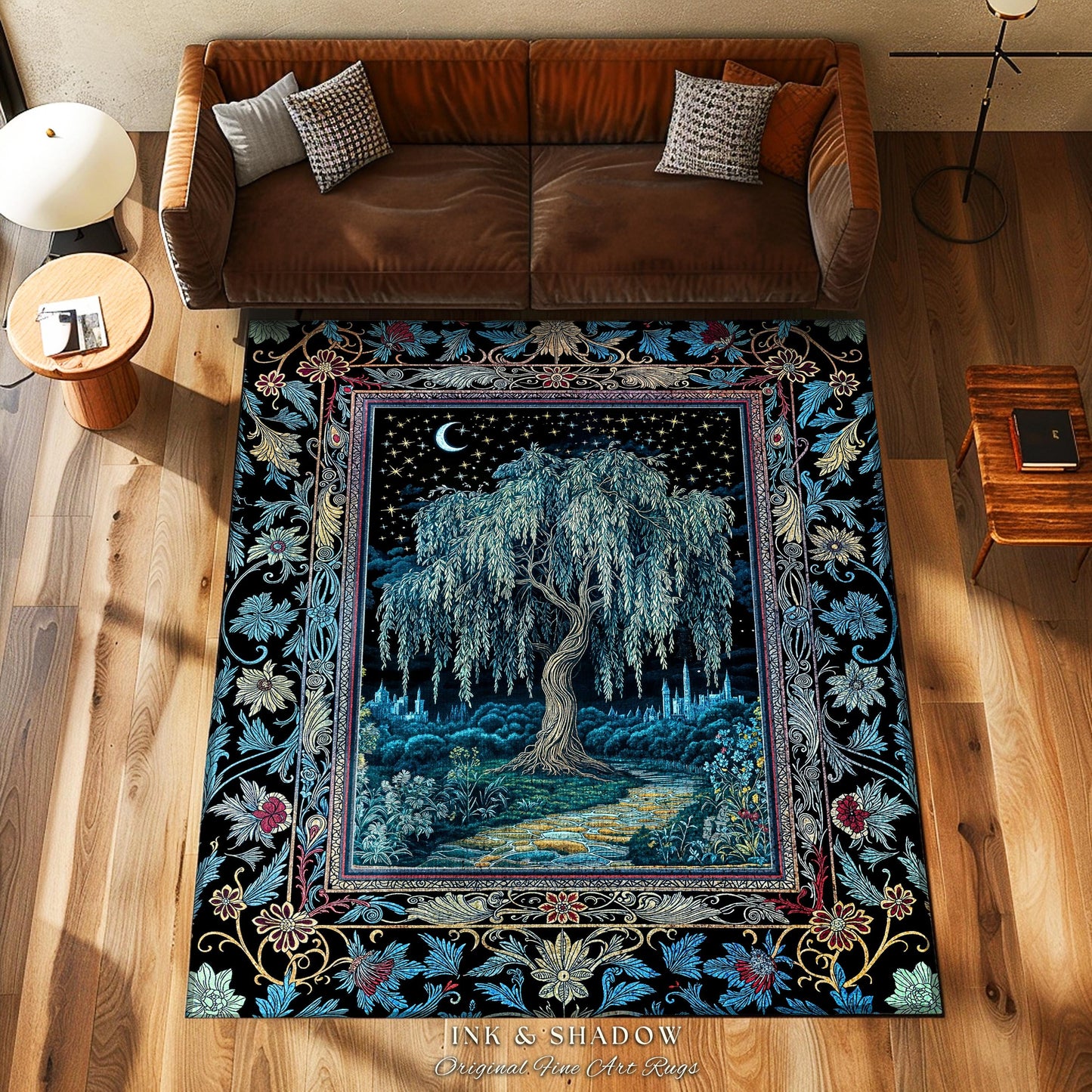 Starry Night Weeping Willow Tree Rug | Woodland Folklore Aesthetic Moonlit Castle Fairytale Decor Ethereal Witchy Home Interior Accent Boho