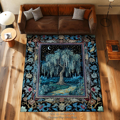 Starry Night Weeping Willow Tree Rug | Woodland Folklore Aesthetic Moonlit Castle Fairytale Decor Ethereal Witchy Home Interior Accent Boho