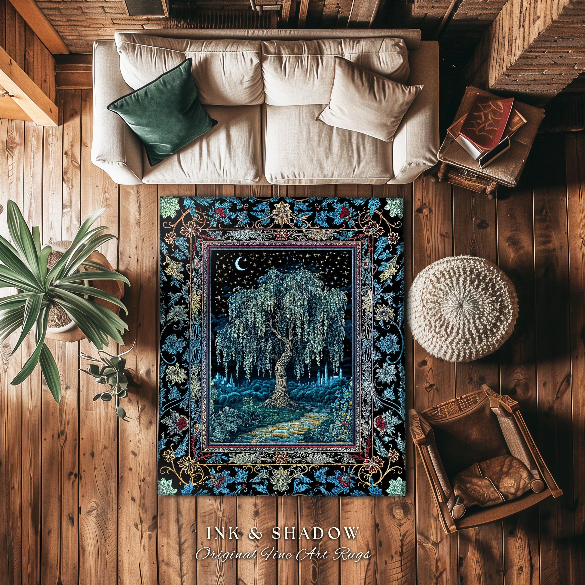 Starry Night Weeping Willow Tree Rug | Woodland Folklore Aesthetic Moonlit Castle Fairytale Decor Ethereal Witchy Home Interior Accent Boho