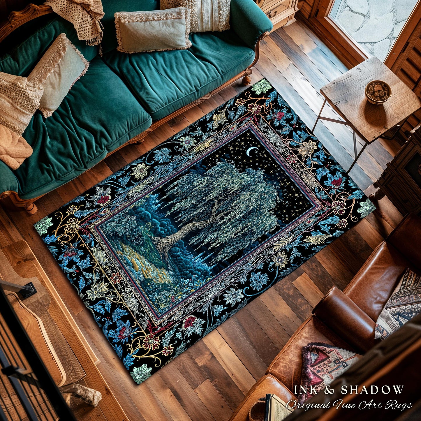 Starry Night Weeping Willow Tree Rug | Woodland Folklore Aesthetic Moonlit Castle Fairytale Decor Ethereal Witchy Home Interior Accent Boho