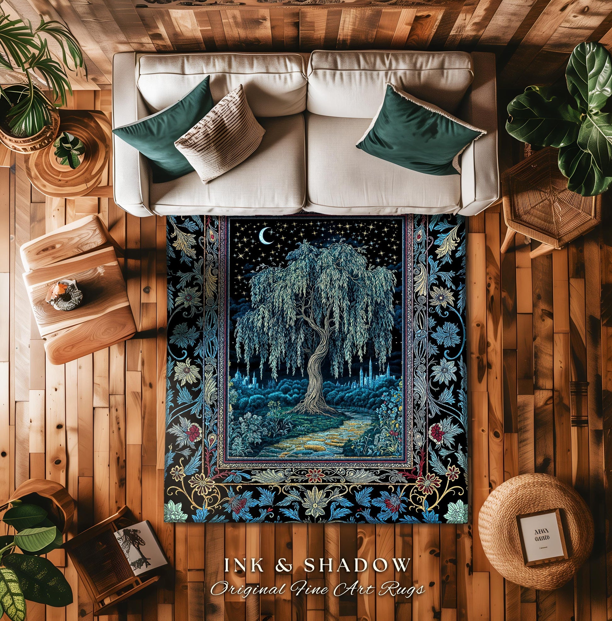 Starry Night Weeping Willow Tree Rug | Woodland Folklore Aesthetic Moonlit Castle Fairytale Decor Ethereal Witchy Home Interior Accent Boho