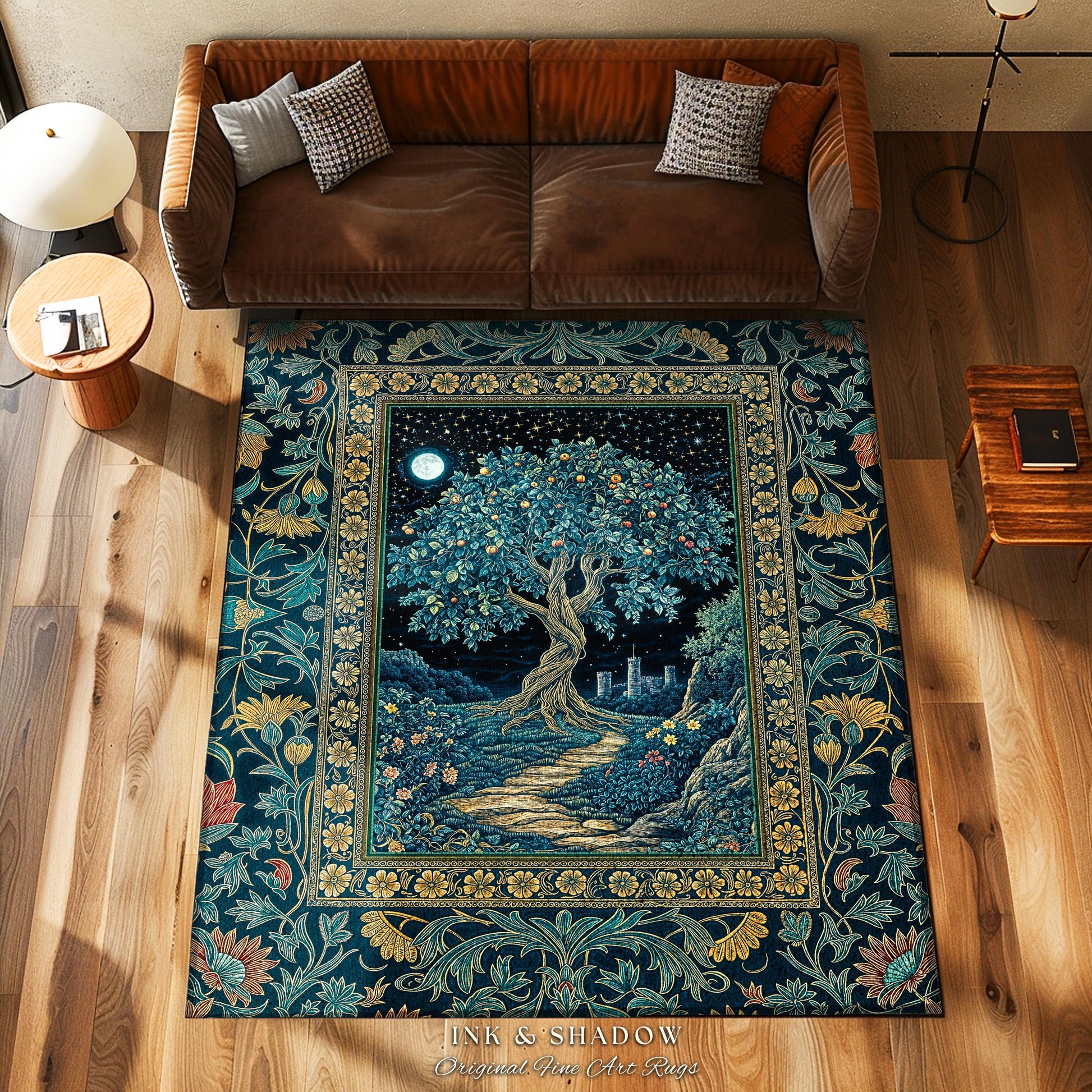 Enchanted Woodland Path Area Rug | Dreamy Moonlit Medieval Garden Decor Celestial Willow Tree Fantasy Style Gothic Home Accent Fairycore |