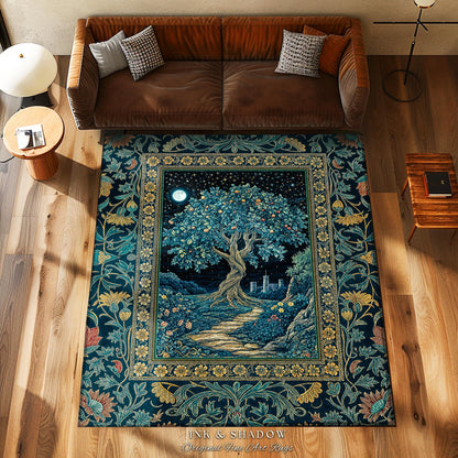 Enchanted Woodland Path Area Rug | Dreamy Moonlit Medieval Garden Decor Celestial Willow Tree Fantasy Style Gothic Home Accent Fairycore |