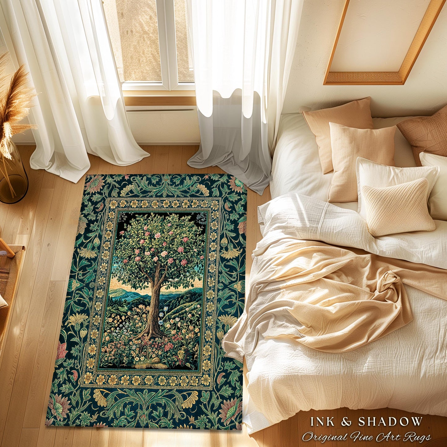 Countryside Sunset Tree of Life Rug | Elegant Floral Landscape Wildflower Decor Nature Inspired Cottagecore Home Accent Rug Storybook Vibe |