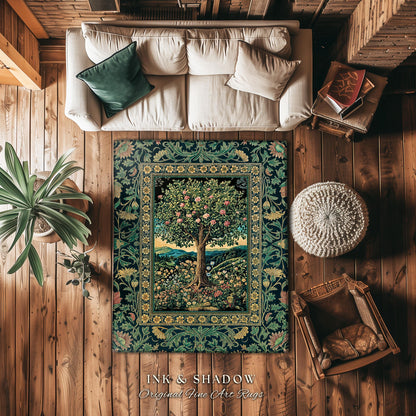 Countryside Sunset Tree of Life Rug | Elegant Floral Landscape Wildflower Decor Nature Inspired Cottagecore Home Accent Rug Storybook Vibe |