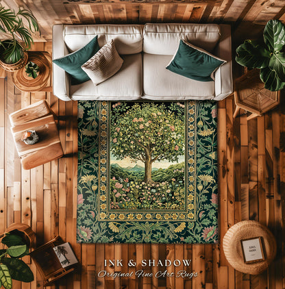 Pastoral Wildflower Garden Tree Area Rug | Floral Mountain Decor Romantic Landscape Home Accent Botanical Nature Rug Romantic Cottagecore |
