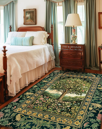 Pastoral Wildflower Garden Tree Area Rug | Floral Mountain Decor Romantic Landscape Home Accent Botanical Nature Rug Romantic Cottagecore |
