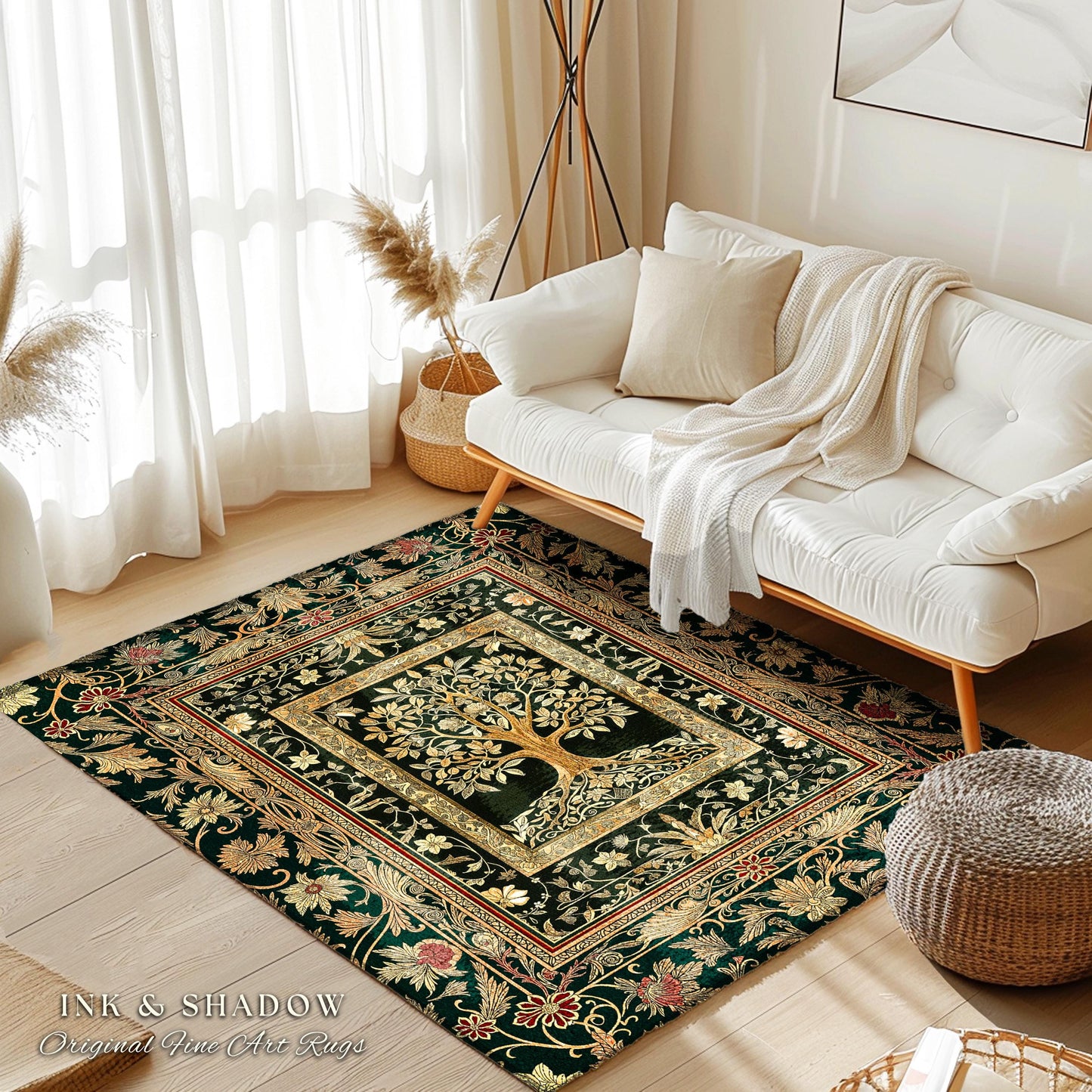 Regal Golden Tree of Life Accent Rug | Gilt Border Ornate Medieval Design Folklore Style Woodland Decor Maximalist Area Rug Nordic Aesthetic