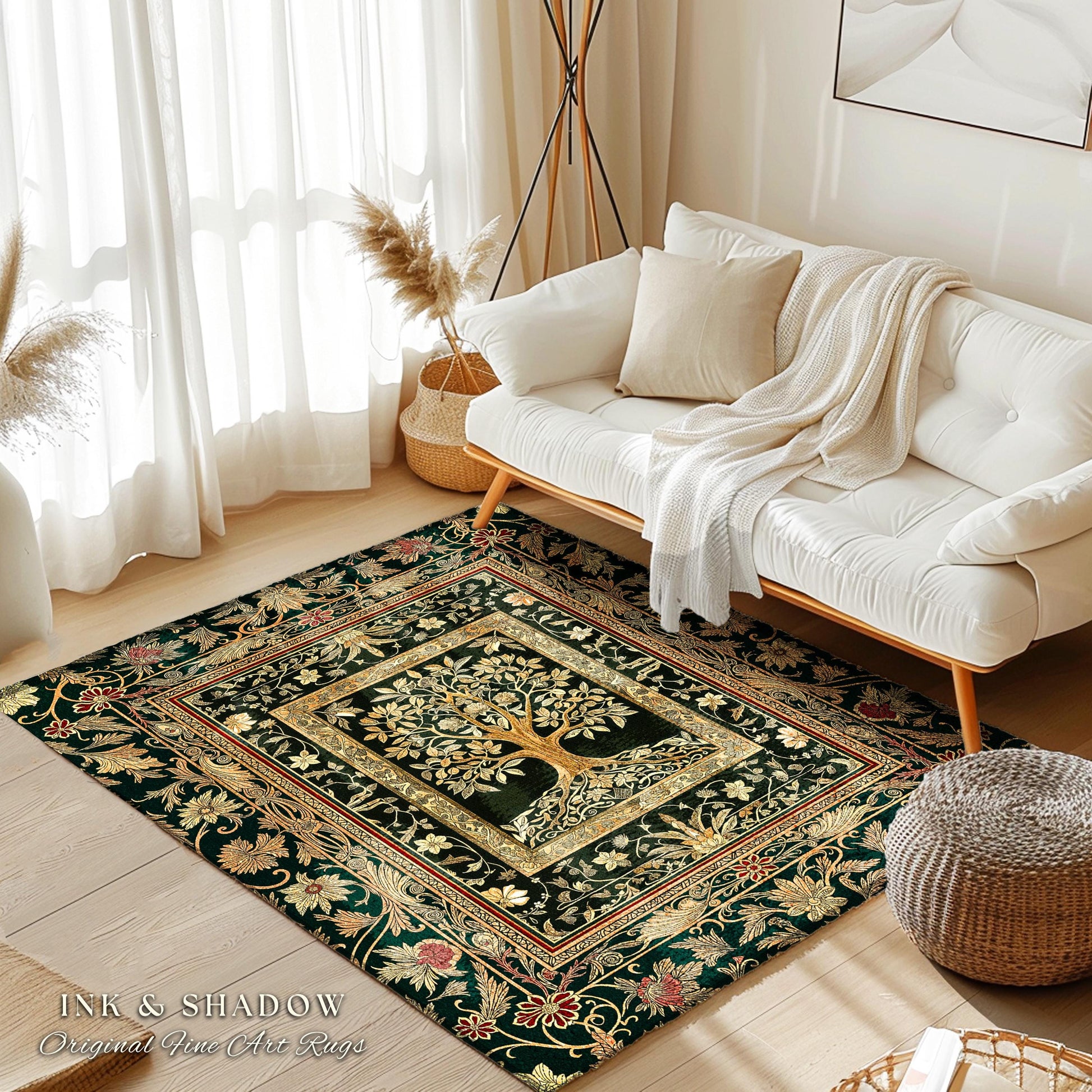 Regal Golden Tree of Life Accent Rug | Gilt Border Ornate Medieval Design Folklore Style Woodland Decor Maximalist Area Rug Nordic Aesthetic