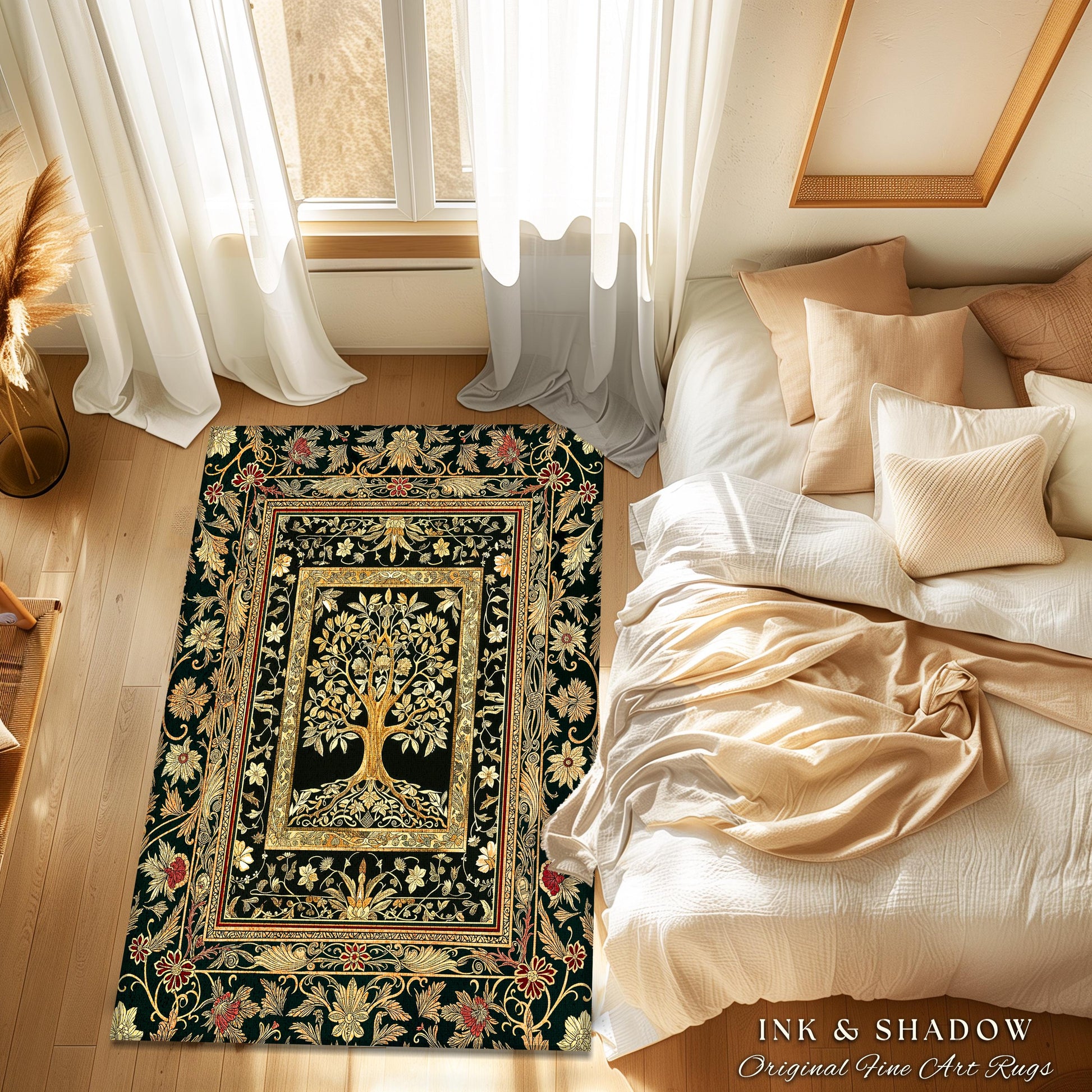 Regal Golden Tree of Life Accent Rug | Gilt Border Ornate Medieval Design Folklore Style Woodland Decor Maximalist Area Rug Nordic Aesthetic