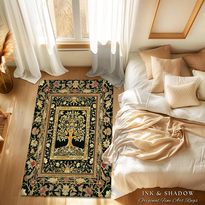 Regal Golden Tree of Life Accent Rug | Gilt Border Ornate Medieval Design Folklore Style Woodland Decor Maximalist Area Rug Nordic Aesthetic
