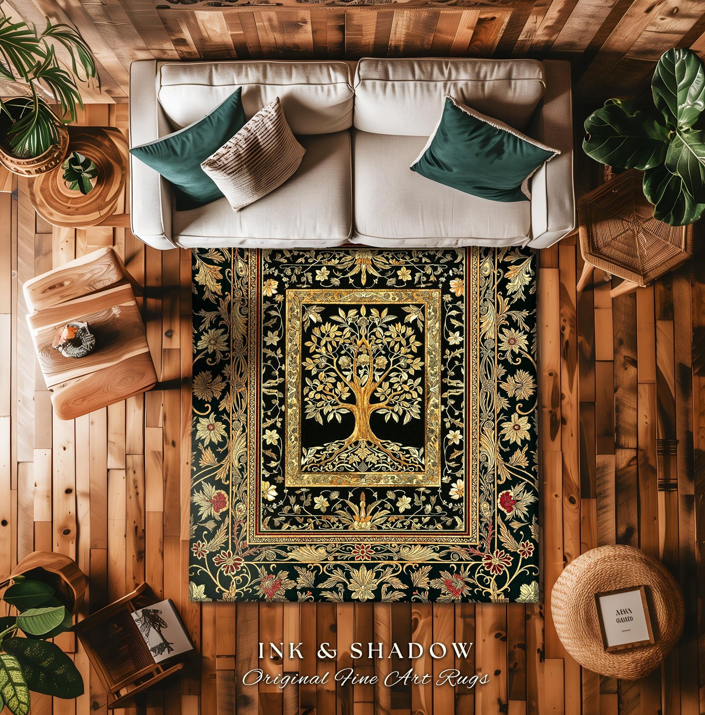 Regal Golden Tree of Life Accent Rug | Gilt Border Ornate Medieval Design Folklore Style Woodland Decor Maximalist Area Rug Nordic Aesthetic