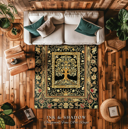 Regal Golden Tree of Life Accent Rug | Gilt Border Ornate Medieval Design Folklore Style Woodland Decor Maximalist Area Rug Nordic Aesthetic