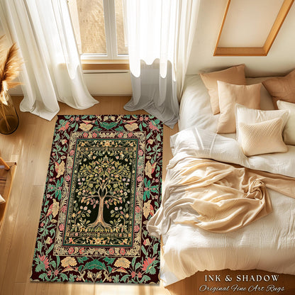 Whimsical Floral Tree of Life Area Rug | Eclectic Botanical Ornate Baroque Border Pastel Home Accent Traditional Folk Art Decor Rustic Style
