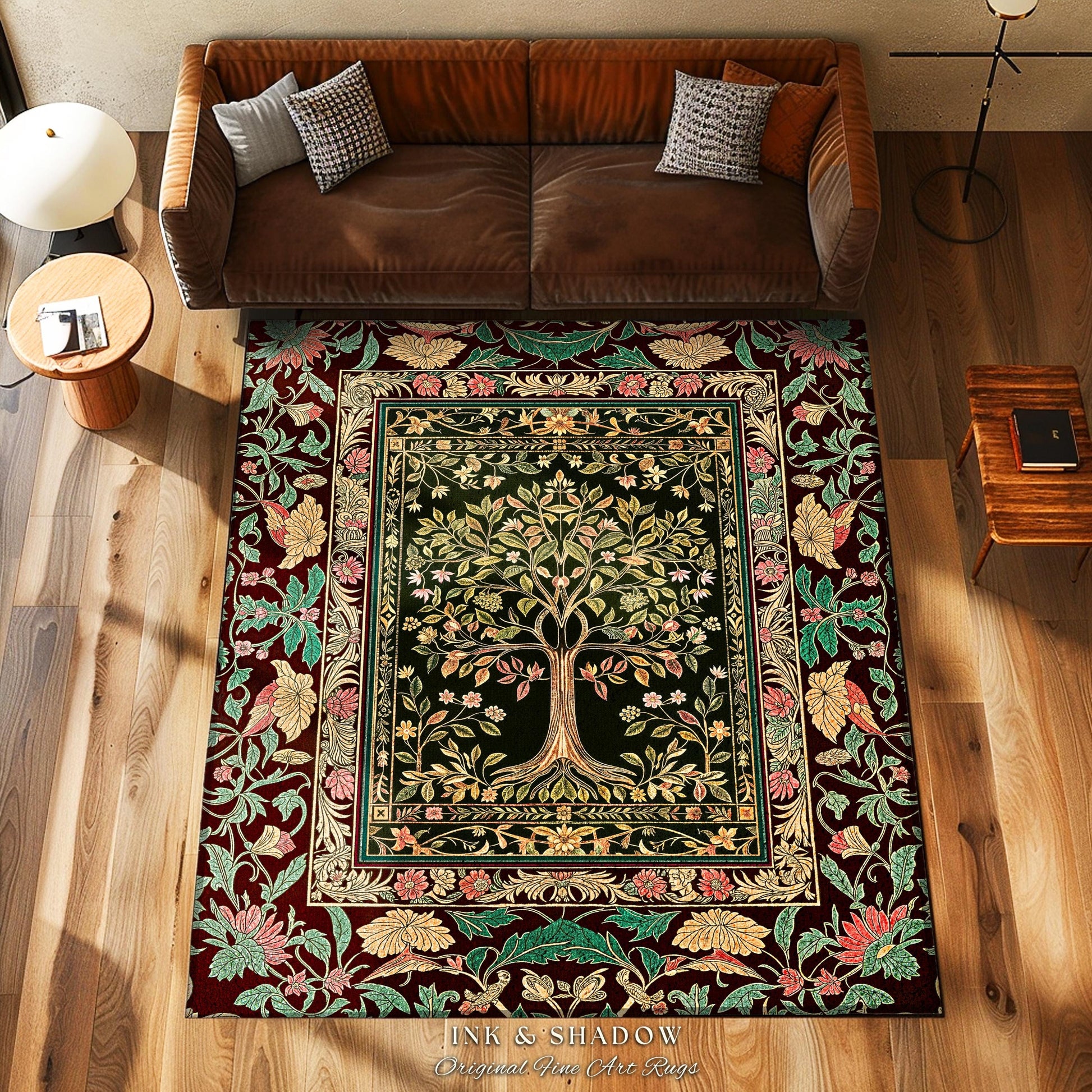 Whimsical Floral Tree of Life Area Rug | Eclectic Botanical Ornate Baroque Border Pastel Home Accent Traditional Folk Art Decor Rustic Style