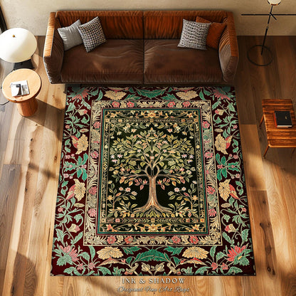 Whimsical Floral Tree of Life Area Rug | Eclectic Botanical Ornate Baroque Border Pastel Home Accent Traditional Folk Art Decor Rustic Style