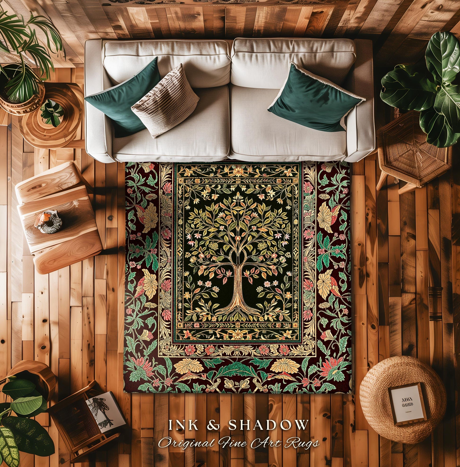 Whimsical Floral Tree of Life Area Rug | Eclectic Botanical Ornate Baroque Border Pastel Home Accent Traditional Folk Art Decor Rustic Style
