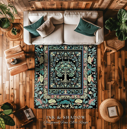 Dark Gothic Pastel Tree of Life Area Rug | Ornate Floral Border Whimsical Botanical Pattern Folk Garden Style Classic Decorative Home Accent