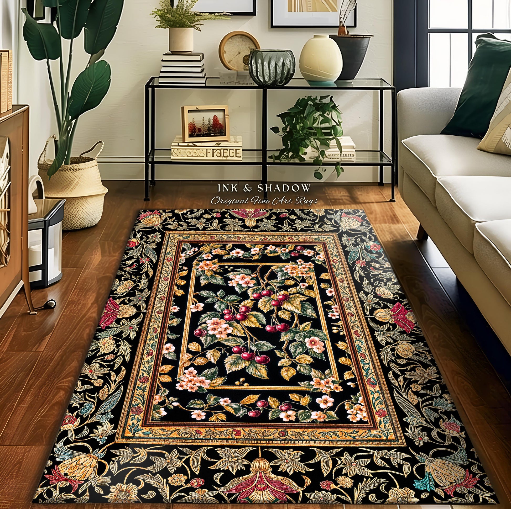 Mystic Baroque Cherry Garden Area Rug | Ornate Botanical Design Romantic Fruit Pattern Gothic Nature Style Rococo Floral Home Accent Classic