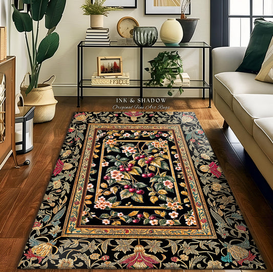 Mystic Baroque Cherry Garden Area Rug | Ornate Botanical Design Romantic Fruit Pattern Gothic Nature Style Rococo Floral Home Accent Classic
