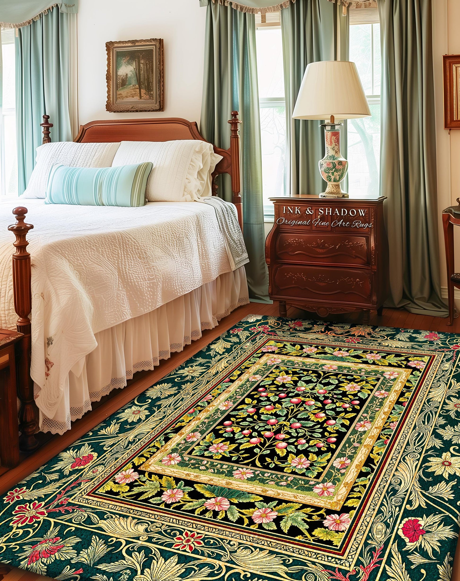 Botanical Abundance Gothic Area Rug | Baroque Rococo Garden Design Romantic Floral Accent Romantic Dark Cottagecore Vintage Botanical Decor