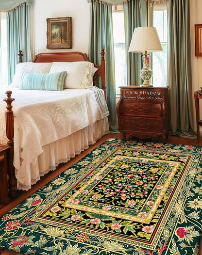 Botanical Abundance Gothic Area Rug | Baroque Rococo Garden Design Romantic Floral Accent Romantic Dark Cottagecore Vintage Botanical Decor