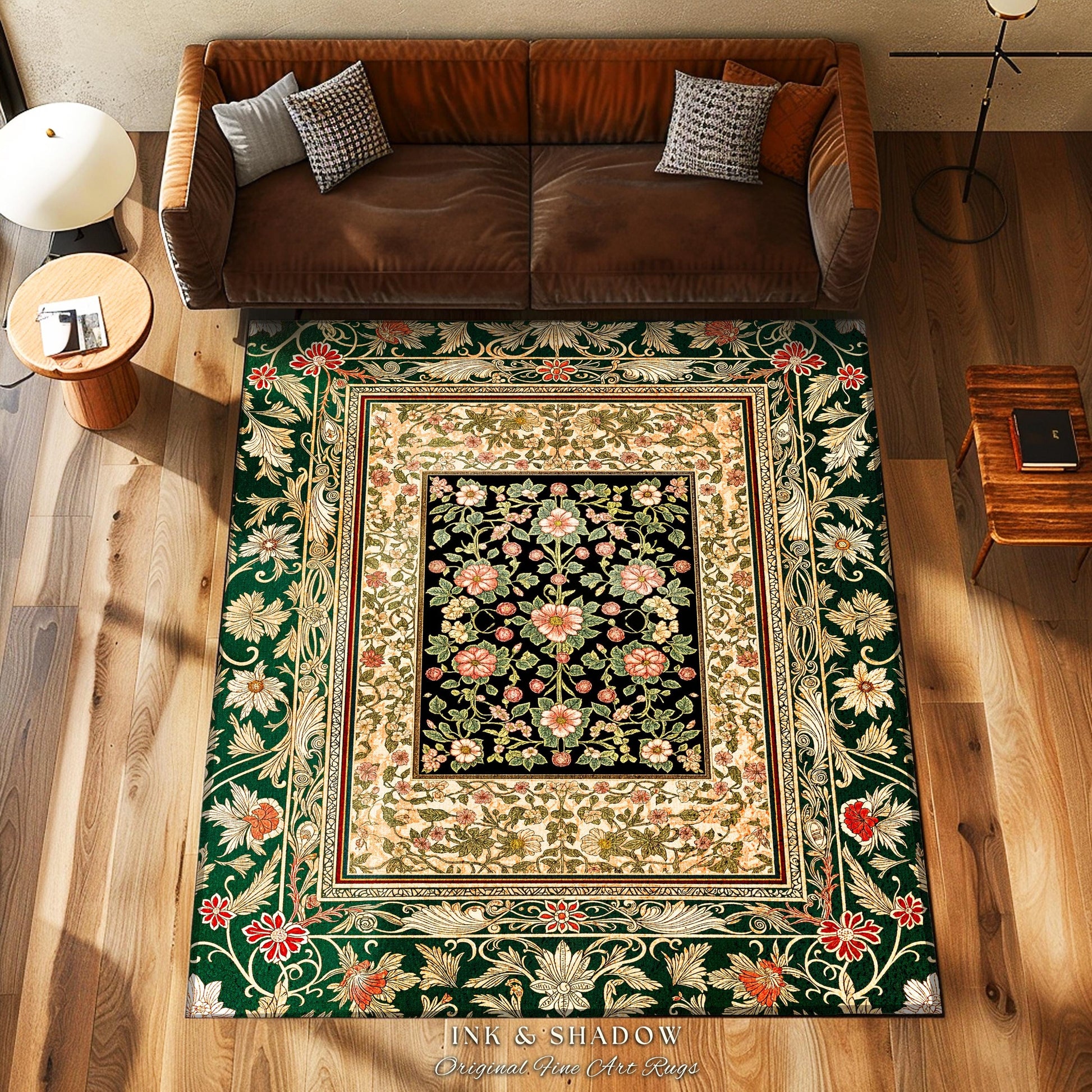 Victorian Garden Floral Area Rug | Romantic Rococo Botanical Accent Baroque Bloom Pattern Heritage Decor Cottagecore Jewel Toned Interior