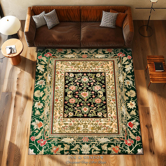 Victorian Garden Floral Area Rug | Romantic Rococo Botanical Accent Baroque Bloom Pattern Heritage Decor Cottagecore Jewel Toned Interior