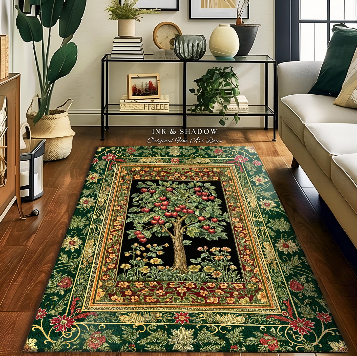 Woodland Folklore Tree of Life Area Rug | Romantic Botanical Decor Vintage Garden Baroque Floral Style Cottagecore Accent Classic Aesthetic