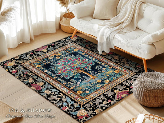Moody Cottagecore Tree of Life Rug | Cherry Aesthetic Woodland Folklore Design Baroque Botanical Style Romantic Decor Floral Accent Rug |