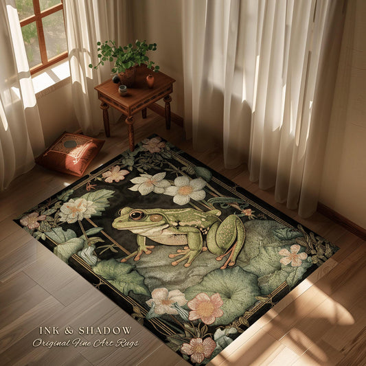 Jungle Frog Floral Bedroom Rug | Woodland Cottagecore Aesthetic Living Room Home Decor Frog Lover Gift Goblincore Floor Mat Whimsical Toad |