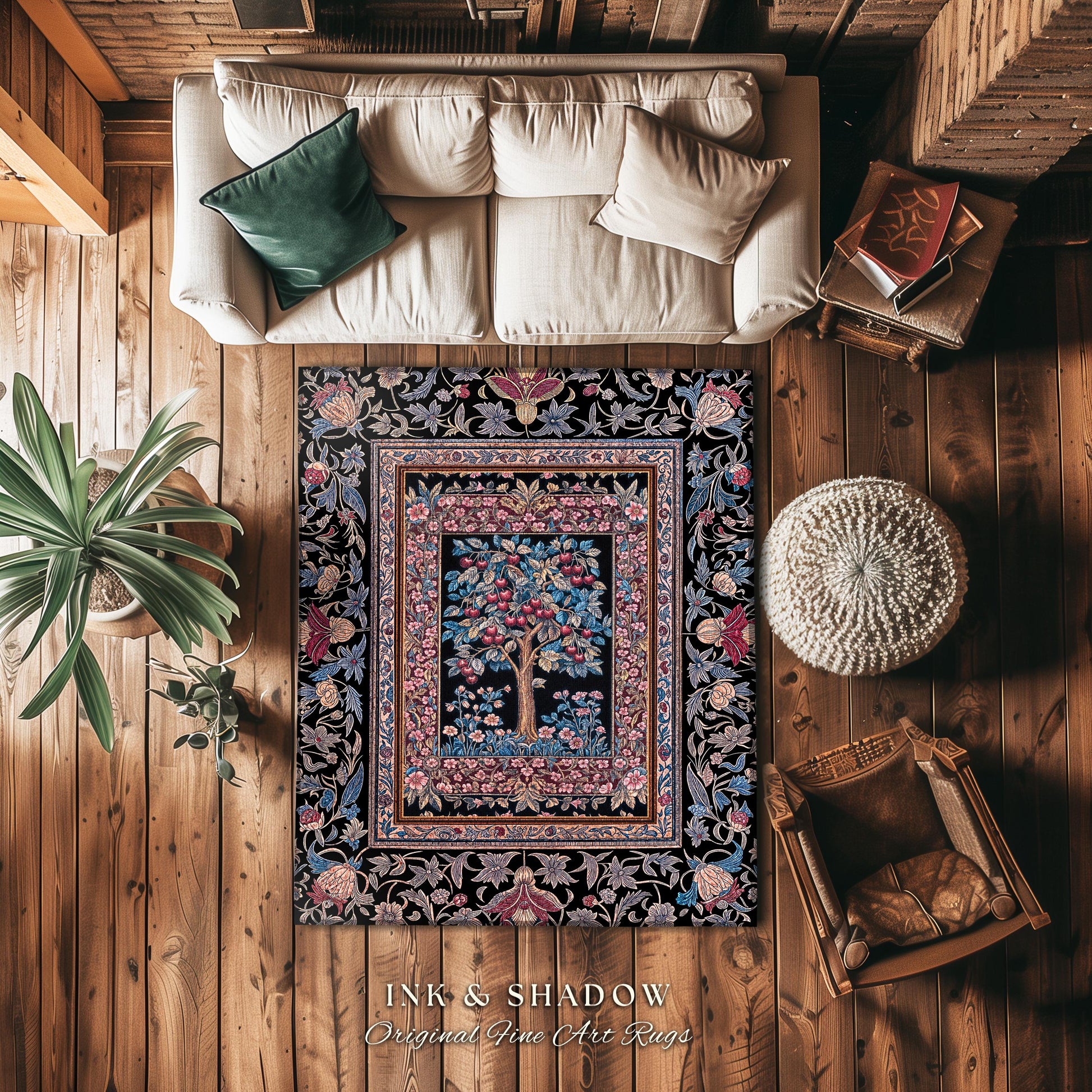 Mystical Dark Academia Tree of Life Area Rug | Moody Garden Jewel Tone Home Decor Baroque Botanical Style Dark Cottagecore Floral Accent |