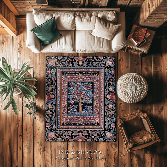 Mystical Dark Academia Tree of Life Area Rug | Moody Garden Jewel Tone Home Decor Baroque Botanical Style Dark Cottagecore Floral Accent |