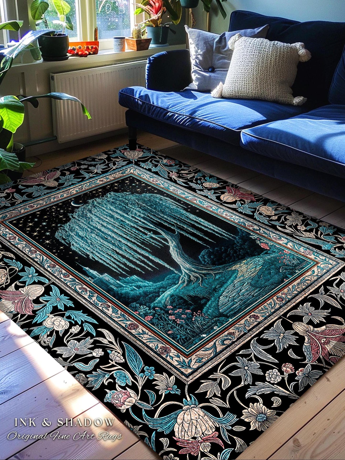 Mystic Weeping Willow Accent Rug | Moonlit Castle Moody Starry Night Woodland Folklore Fantasy Dark Academia Area Rug Decor Dreamy Style |