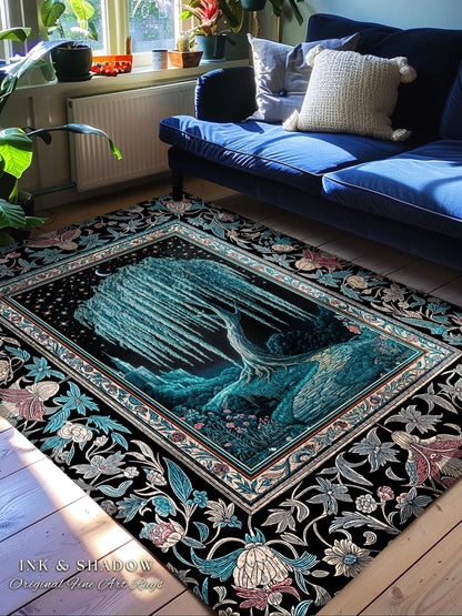 Mystic Weeping Willow Accent Rug | Moonlit Castle Moody Starry Night Woodland Folklore Fantasy Dark Academia Area Rug Decor Dreamy Style |