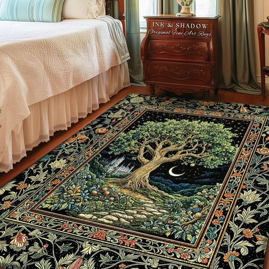 Fairytale Castle Tree of Life Area Rug | Celestial Forest Landscape Starry Sky Decor Witchy Home Aesthetic Mystical Cottagecore Accent Boho