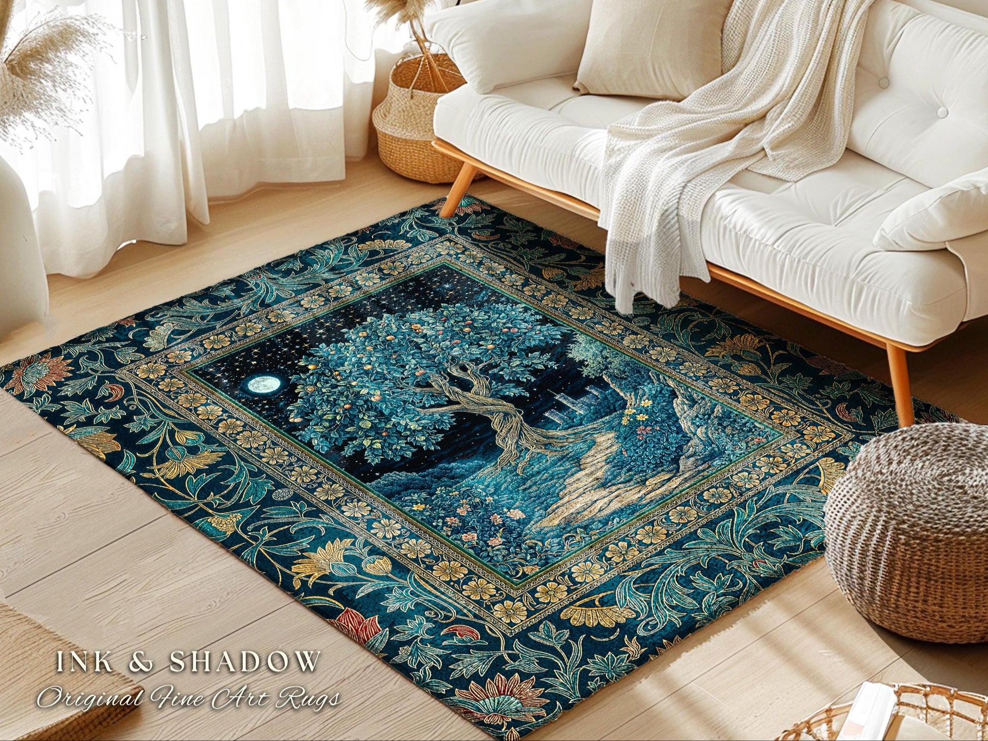 Enchanted Woodland Path Area Rug | Dreamy Moonlit Medieval Garden Decor Celestial Willow Tree Fantasy Style Gothic Home Accent Fairycore |