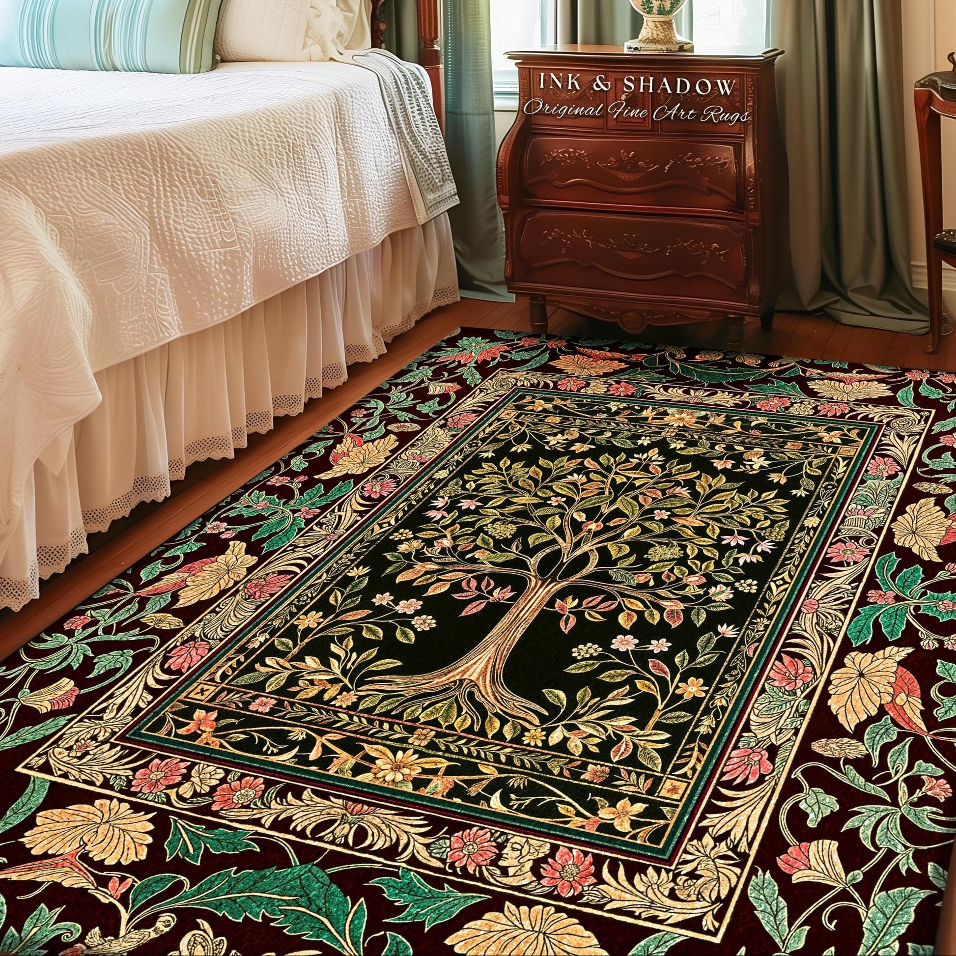 Whimsical Floral Tree of Life Area Rug | Eclectic Botanical Ornate Baroque Border Pastel Home Accent Traditional Folk Art Decor Rustic Style