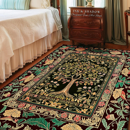 Whimsical Floral Tree of Life Area Rug | Eclectic Botanical Ornate Baroque Border Pastel Home Accent Traditional Folk Art Decor Rustic Style