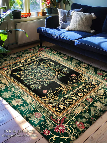 Folk Art Tree of Life Accent Rug | Whimsical Pastel Botanical Theme Symmetrical Floral Ornate Home Accent Classic Aesthetic Medieval Style