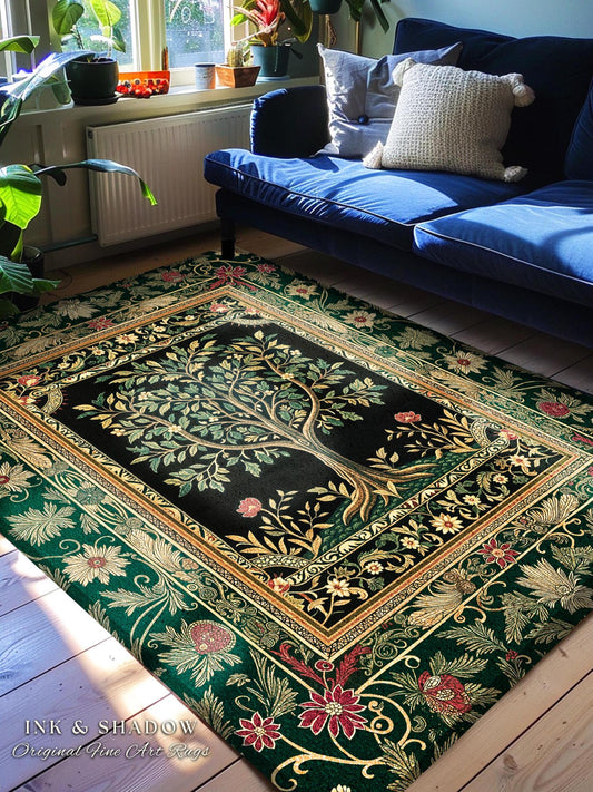 Folk Art Tree of Life Accent Rug | Whimsical Pastel Botanical Theme Symmetrical Floral Ornate Home Accent Classic Aesthetic Medieval Style
