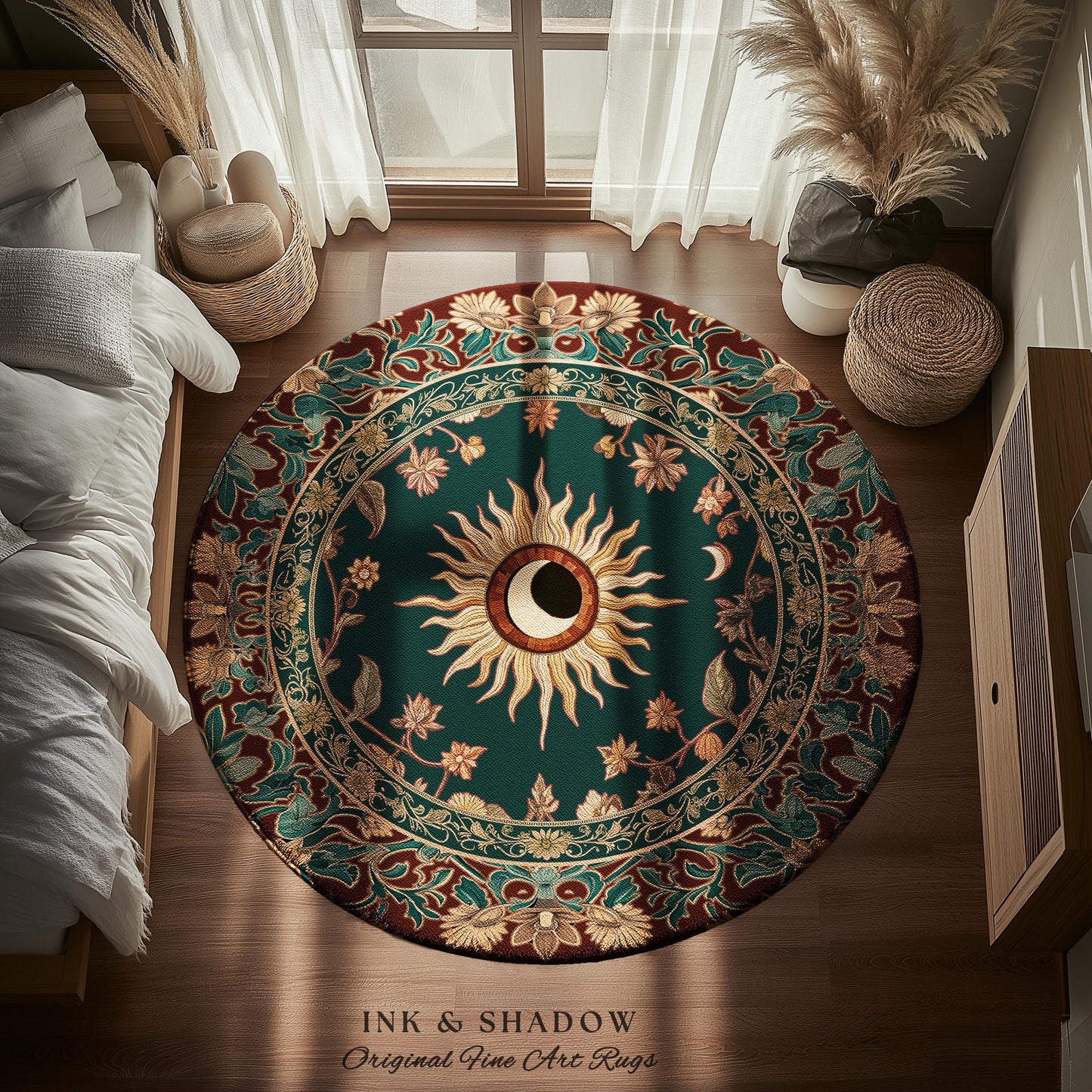 Moon and Sun Ethereal Bohemian Rug | Celestial Tarot Aesthetic Zodiac Inspired Floral Maximalist Bedroom Ethereal Astrology Witchy Area Rug