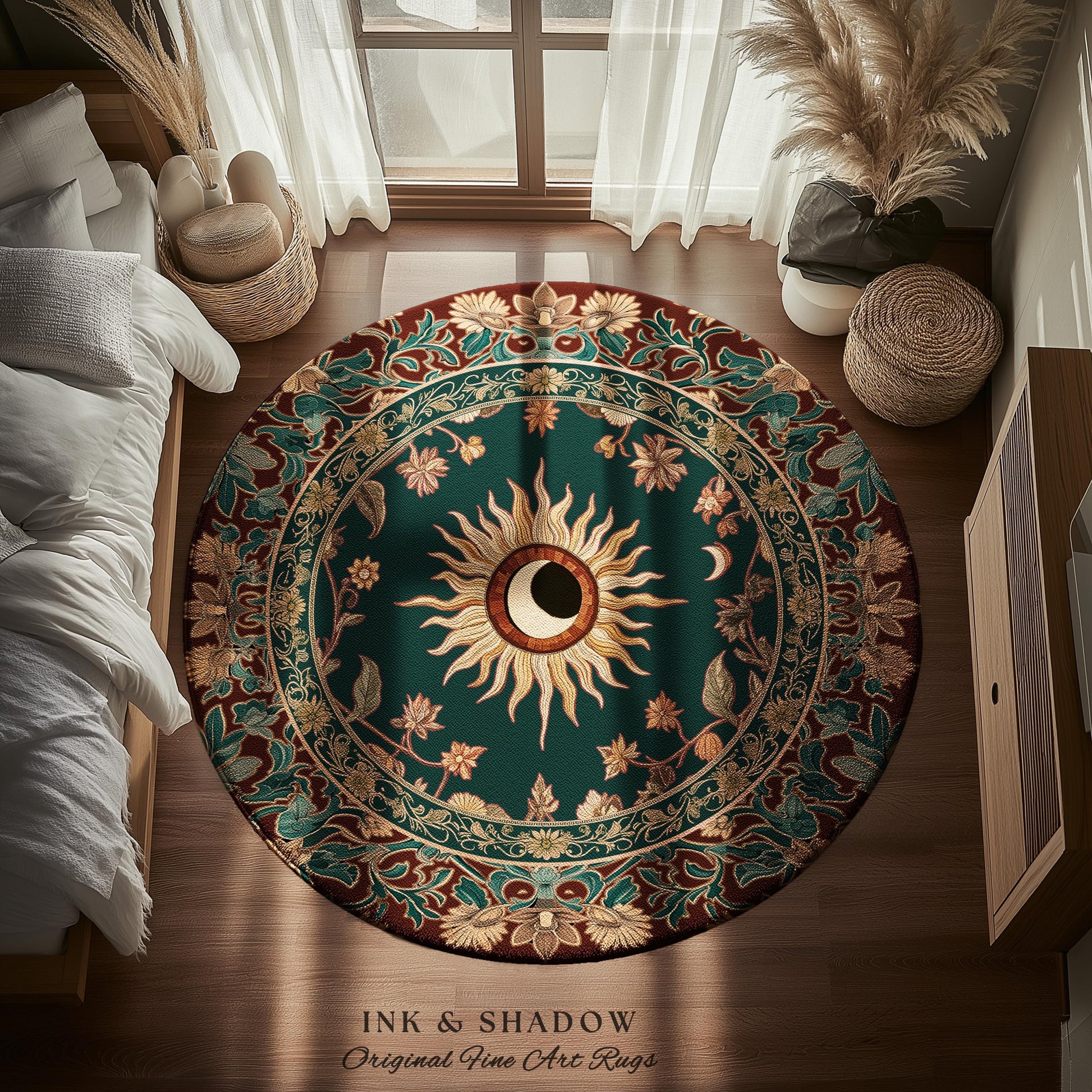 Moon and Sun Ethereal Bohemian Rug | Celestial Tarot Aesthetic Zodiac Inspired Floral Maximalist Bedroom Ethereal Astrology Witchy Area Rug