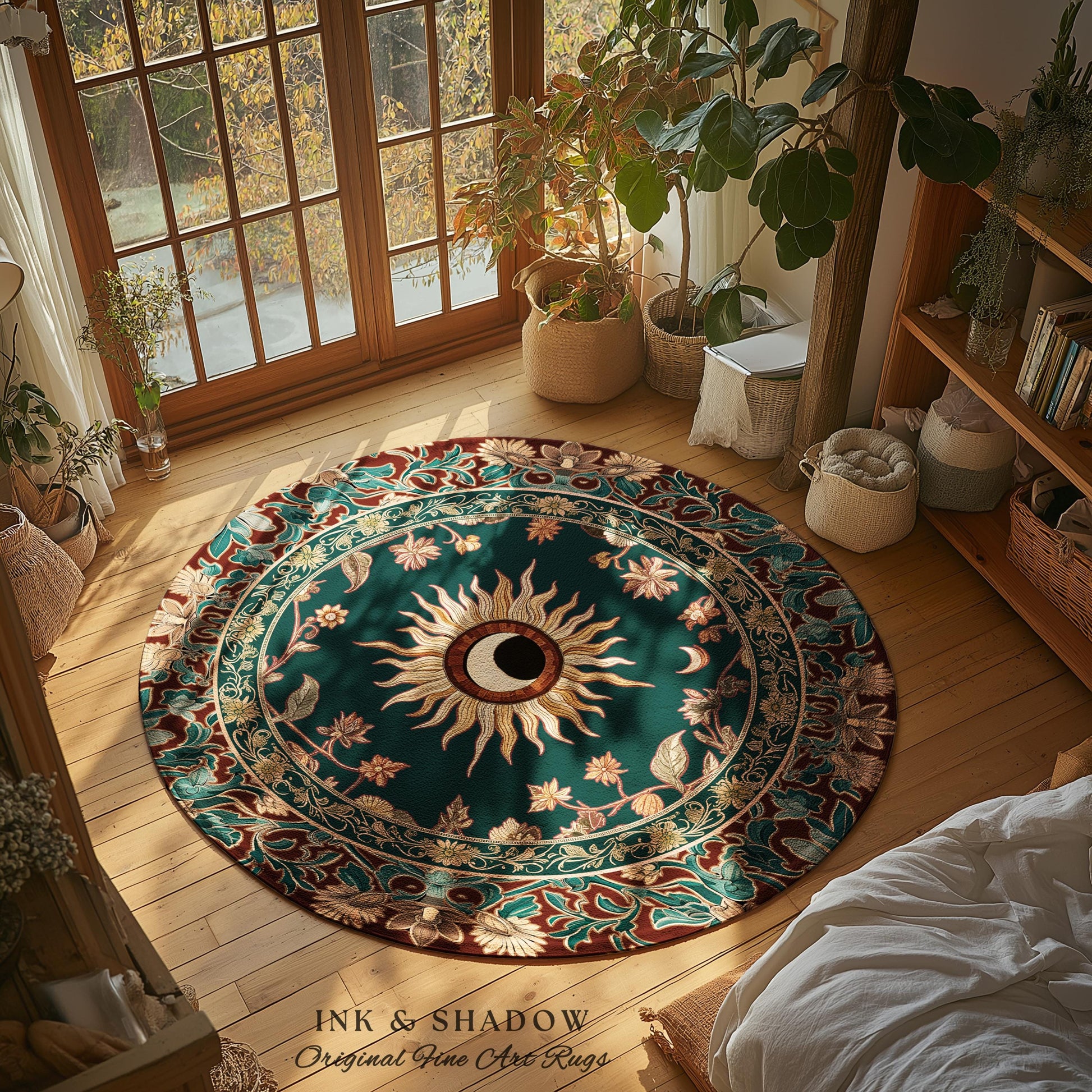 Moon and Sun Ethereal Bohemian Rug | Celestial Tarot Aesthetic Zodiac Inspired Floral Maximalist Bedroom Ethereal Astrology Witchy Area Rug