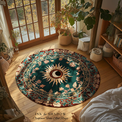 Moon and Sun Ethereal Bohemian Rug | Celestial Tarot Aesthetic Zodiac Inspired Floral Maximalist Bedroom Ethereal Astrology Witchy Area Rug