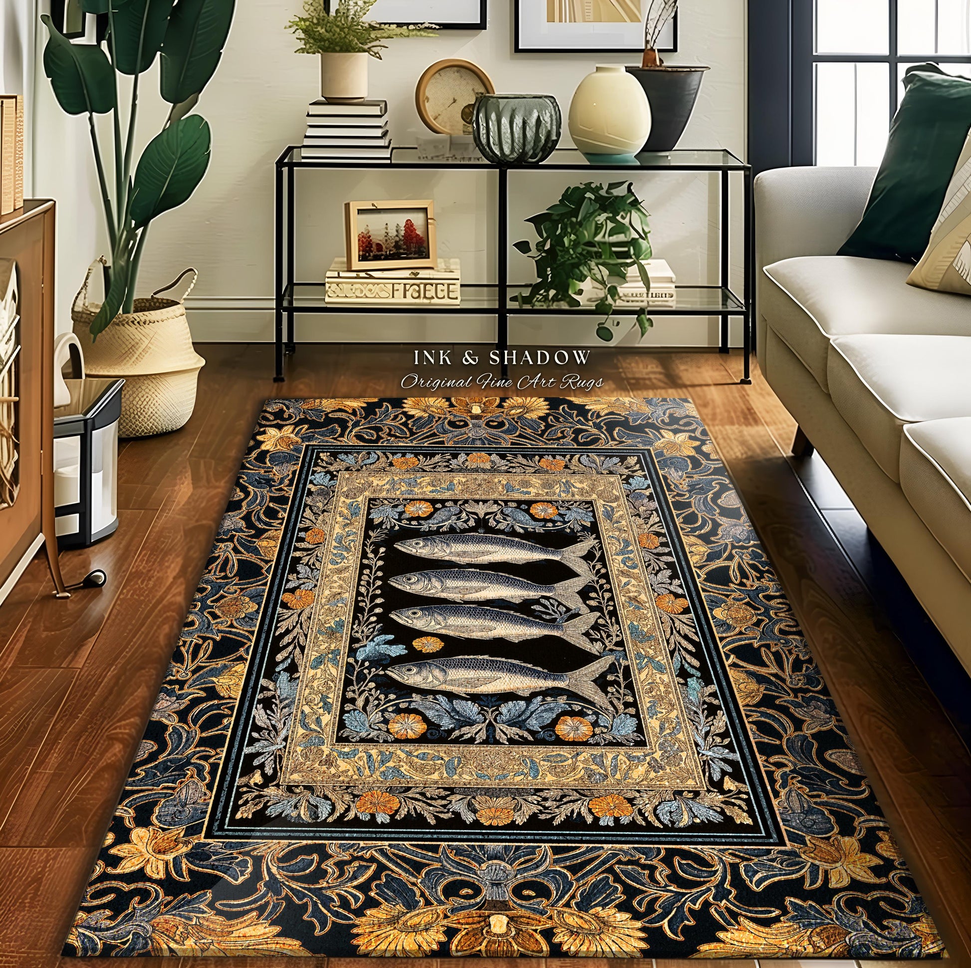 Art Nouveau Nautical Sea Life Area Rug | Whimsical Ocean Sardine Fish Rug Coastal Dark Academia Rustic Cottagecore Beach Home Decor Ornate |