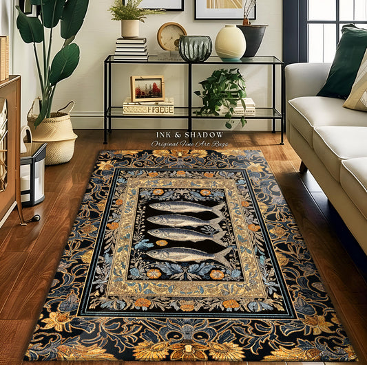 Art Nouveau Nautical Sea Life Area Rug | Whimsical Ocean Sardine Fish Rug Coastal Dark Academia Rustic Cottagecore Beach Home Decor Ornate |